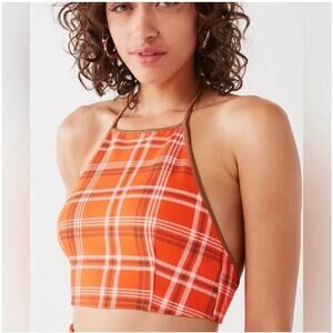 I.AM.GIA Orange Plaid Halter Crop Top  sz L